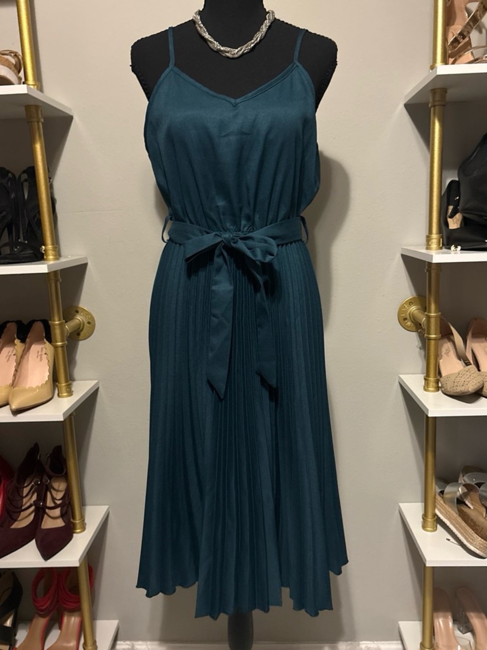 SHEIN Teal Pleated Midi Dress with Waist Tie